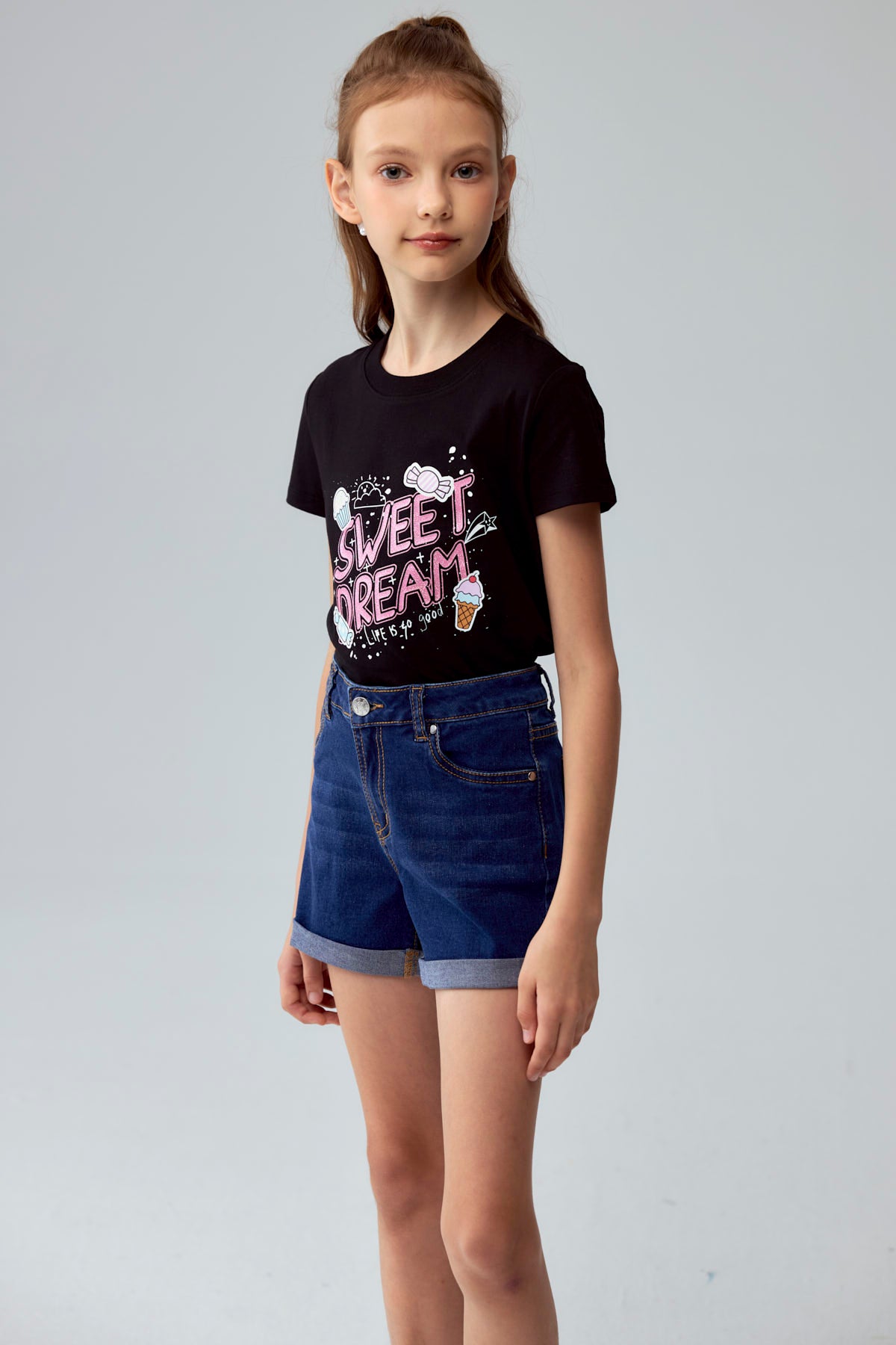 Polera Niña Básica Estampada Negro