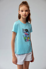 Polera Niña Básica Estampada Celeste