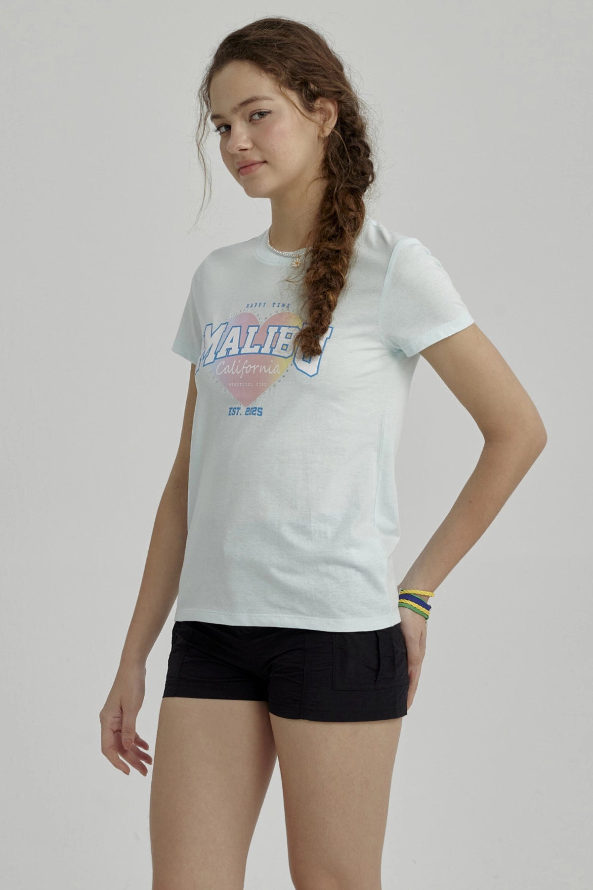 Polera Niña Básica Estampada Celeste Claro