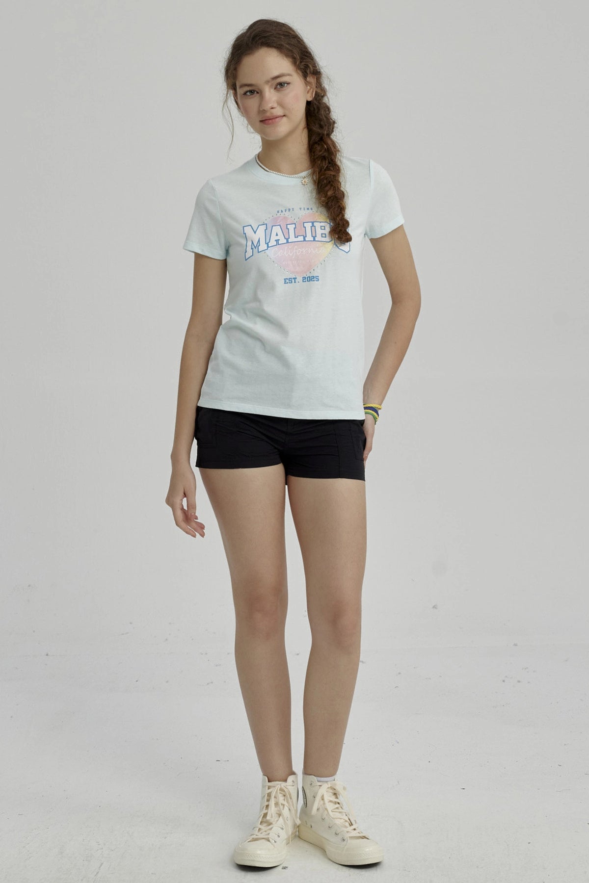 Polera Niña Básica Estampada Celeste Claro