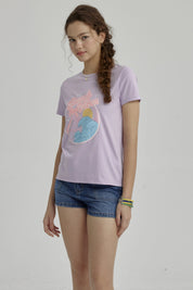 Polera Niña Básica Estampada Lila