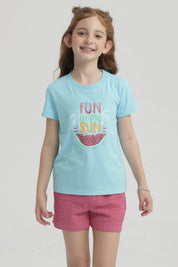 Polera Niña Básica Estampada Celeste