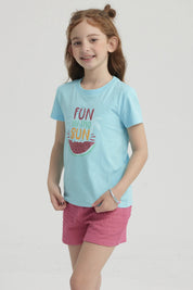 Polera Niña Básica Estampada Celeste