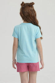 Polera Niña Básica Estampada Celeste