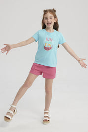 Polera Niña Básica Estampada Celeste