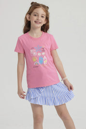 Polera Niña Básica Estampada Rosado