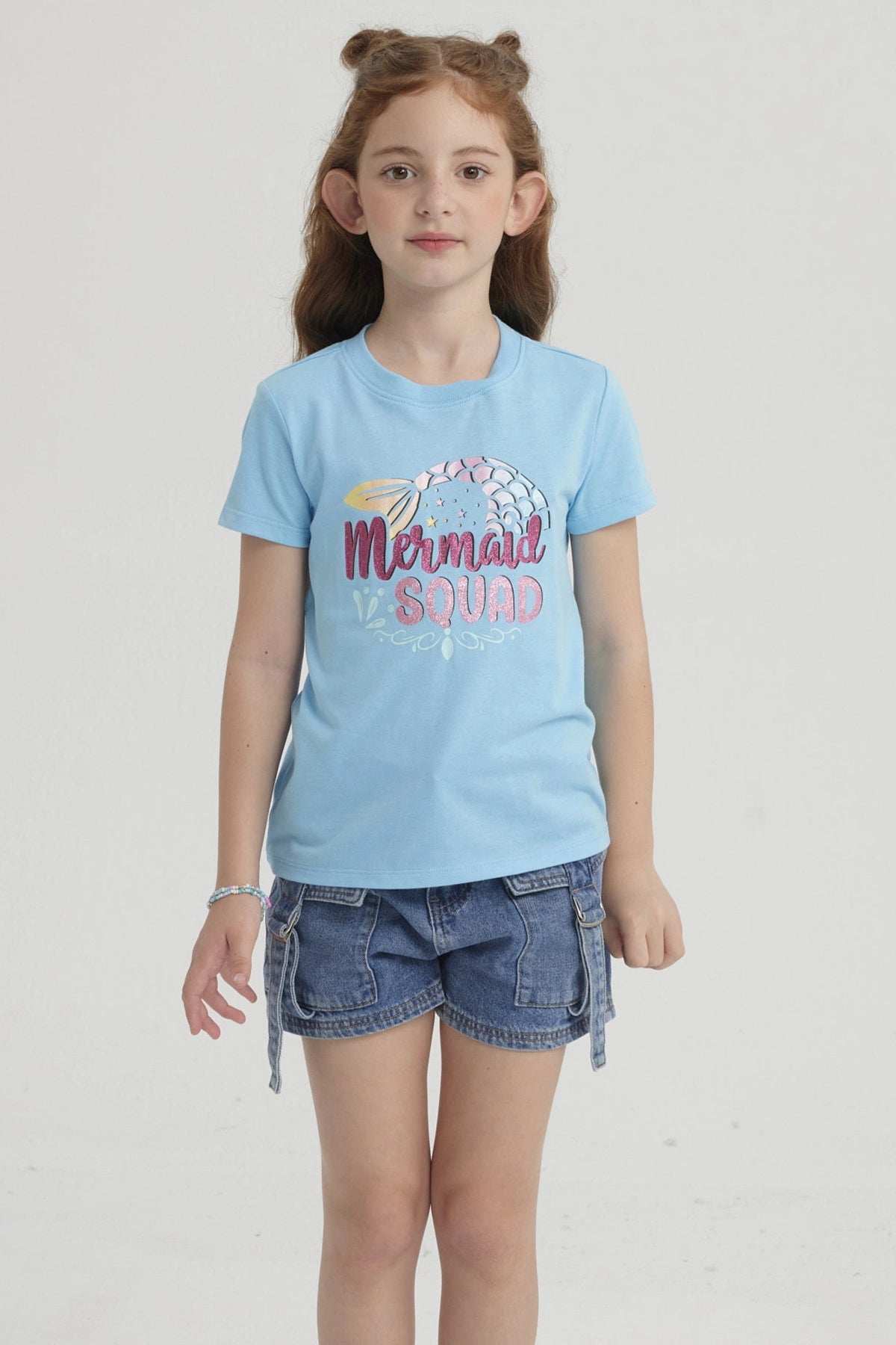 Polera Niña Básica Estampada Celeste Claro