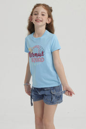 Polera Niña Básica Estampada Celeste Claro