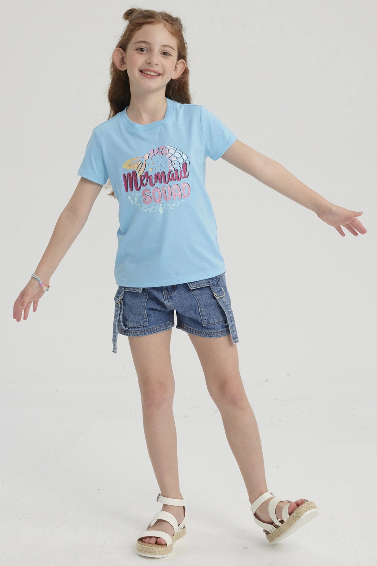 Polera Niña Básica Estampada Celeste Claro