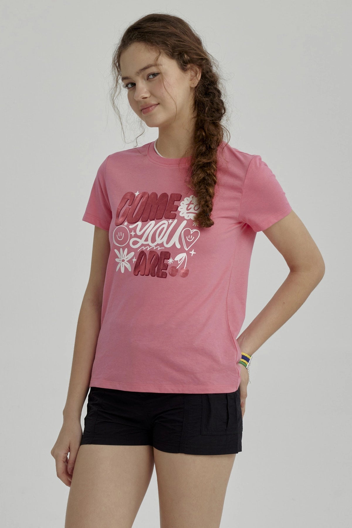 Polera Niña Básica Estampada Fucsia