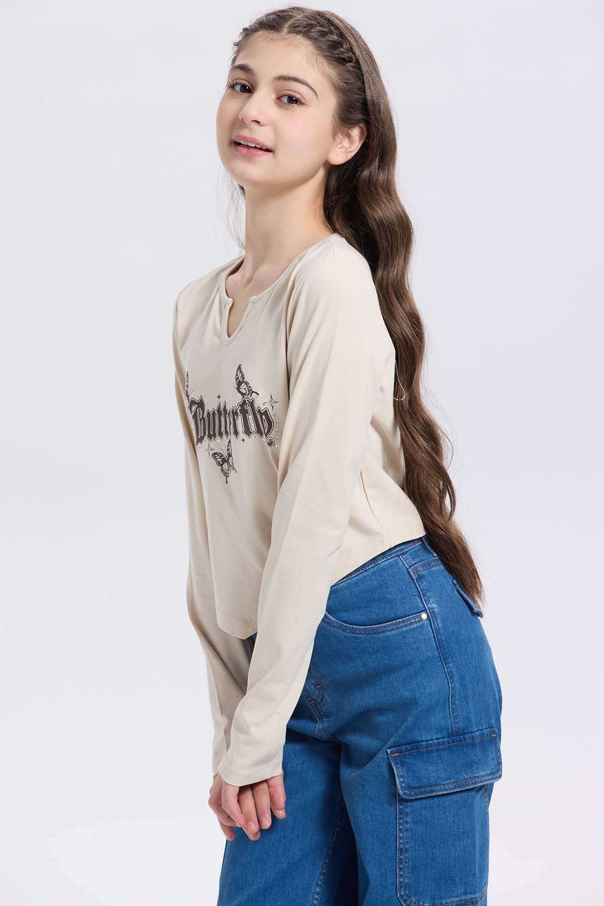 Polera Niña Crop Con Print Beige