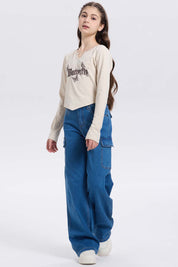 Polera Niña Crop Con Print Beige