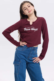 Polera Niña Crop Con Print Burdeo
