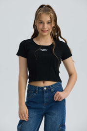 Polera Niña Con Bordado Negro