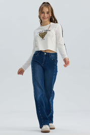 Jeans Niña Calce Recto Con Tachas Azul