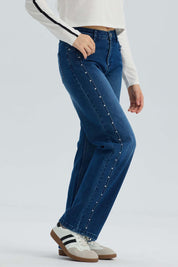 Jeans Niña Calce Recto Con Tachas Azul