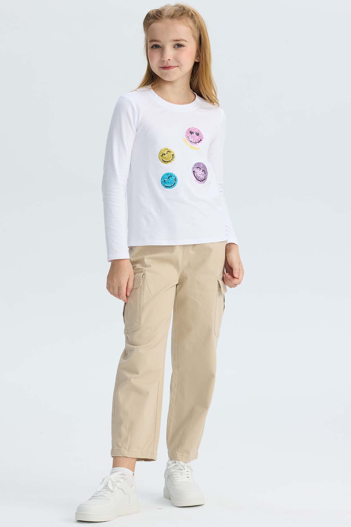 Pantalón Niña Cargo Con Pliegue En Basta Beige