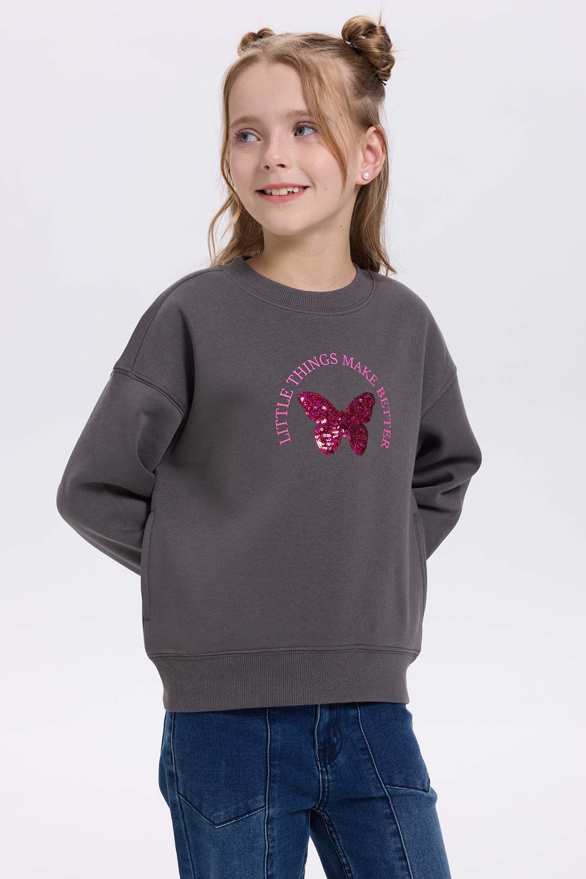 Polerón niña Print Cerrado Gris Oscuro