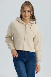 Polerón Niña Full Zipper Mariposa Beige
