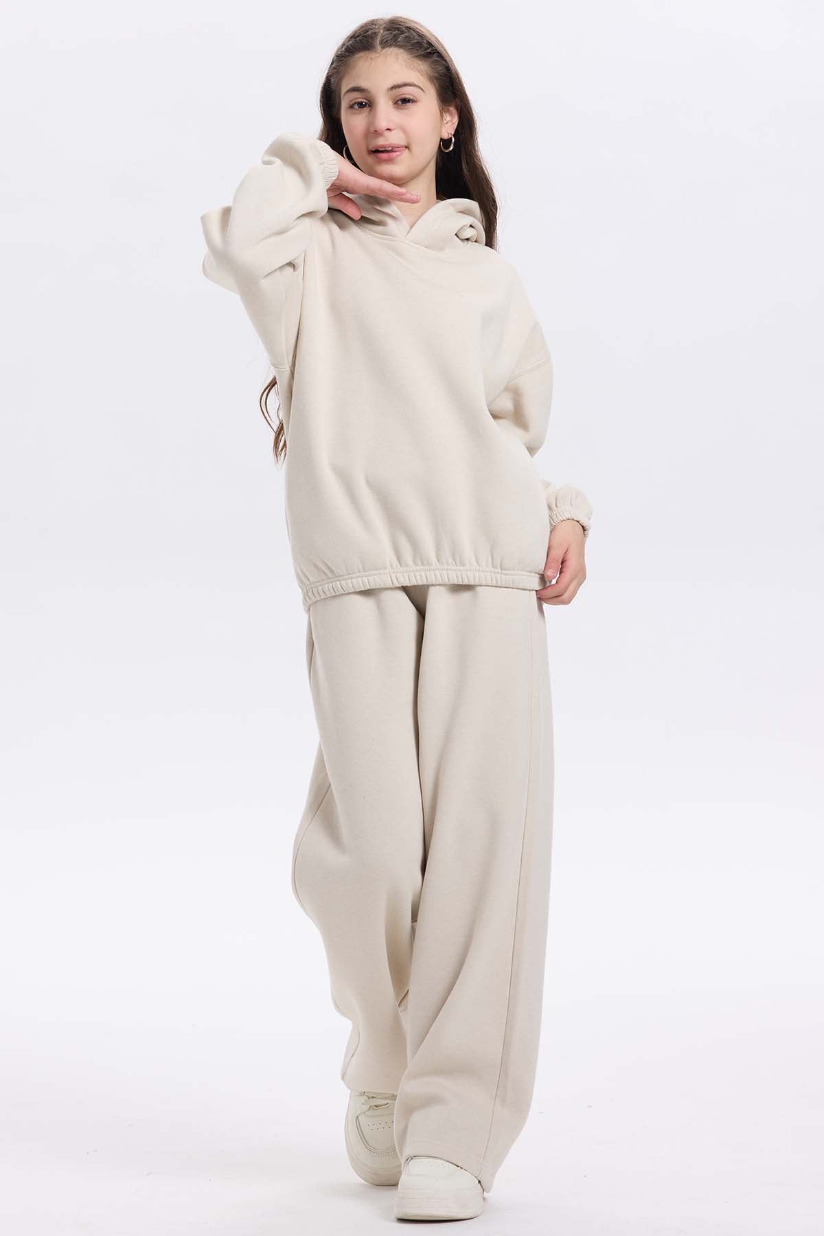 Pantalón buzo niña wide leg brillo beige