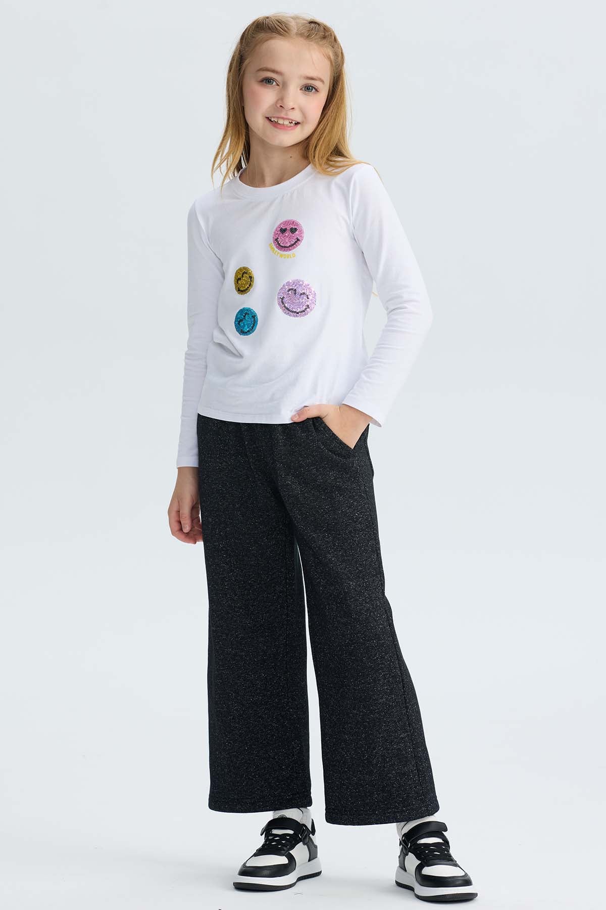 Pantalón Buzo niña Wide Leg Brillo Negro