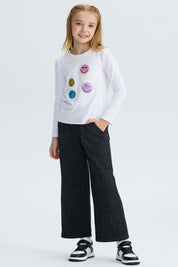 Pantalón Buzo niña Wide Leg Brillo Negro