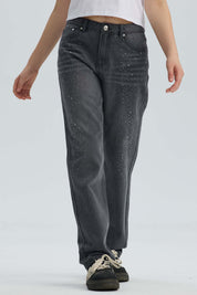 Jeans Niña Mom Con Strass Gris