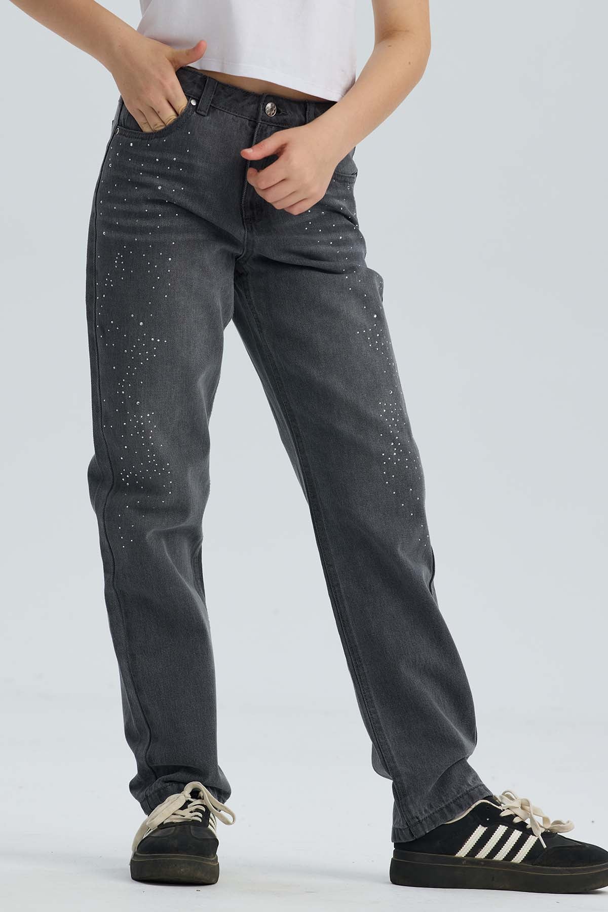 Jeans Niña Mom Con Strass Gris