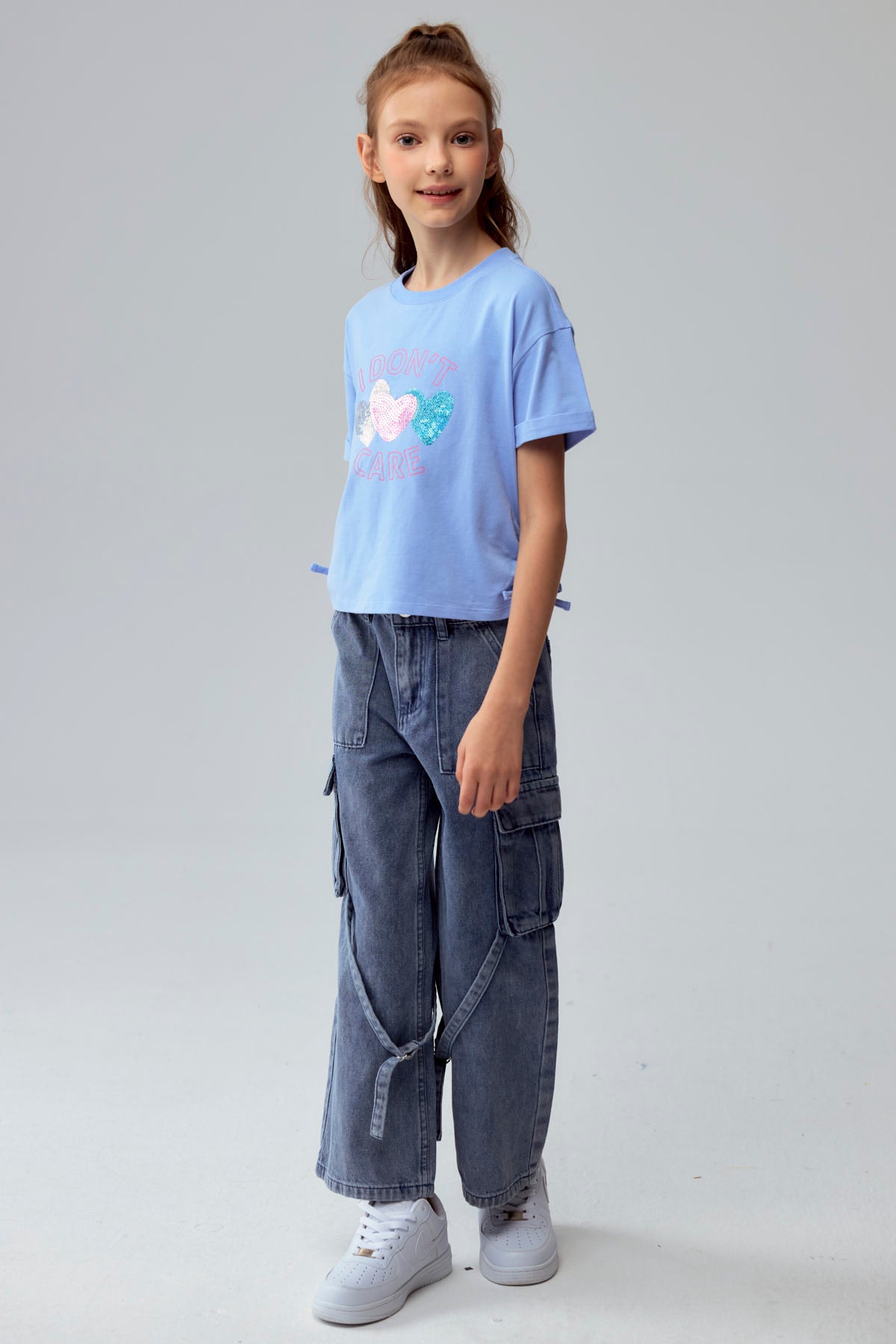 Polera Niña Print Posicional Celeste Oscuro