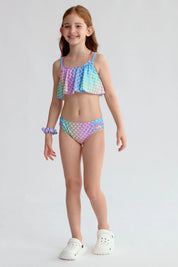 Traje de baño niña full print azul con estampado de escamas de sirena multicolor