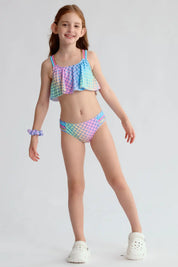 Traje de baño niña full print azul con estampado de escamas de sirena multicolor