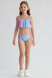 Traje de baño niña azul con estampado de escamas y detalles en rosa y morado