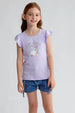 Polera lila con vuelos y estampado de unicornio y texto Happy Summer Forever