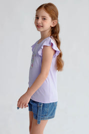 Polera lila con vuelos y estampado de unicornio y texto Happy Summer Forever