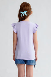 Polera lila con vuelos y estampado de unicornio y texto Happy Summer Forever