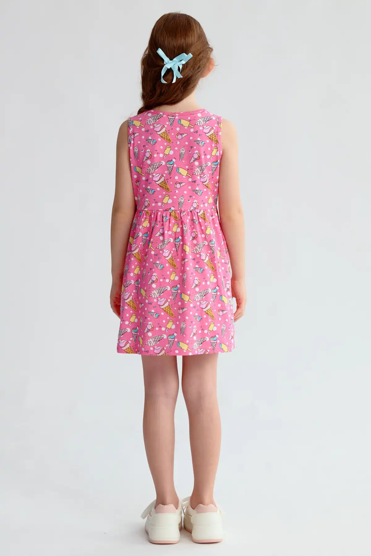 Vestido niña fucsia con estampado de helados y sin mangas
