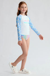 Traje de baño blanco para niña con diseño de sirena y mangas escamosas coloridas