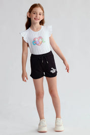Short niña mini print negro con estampado Summer Vibes y cordón ajustable.