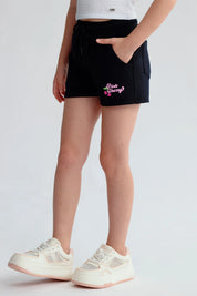 Short negro de niña con estampado Pink Cherry y ajuste elástico