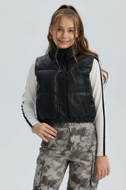 Parka Niña Efecto Cuero Negro
