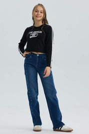 Polera Niña Bordado Parche Negro