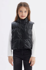 Parka Niña Efecto Cuero Negro