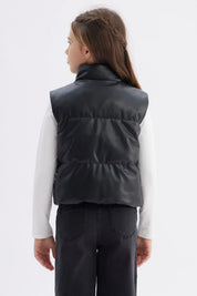 Chaleco sin mangas efecto cuero negro para niña diseño acolchado sin estampa con botones en la parte frontal