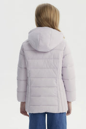Parka lila para niña con diseño acolchado cierre frontal y capucha sin estampa visible lisa ideal para invierno