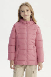 Parka rosa para niña con capucha cierre frontal y bolsillos laterales diseño acolchado sin estampa lisa