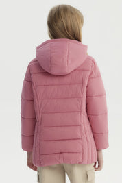 Parka rosa para niña con capucha cierre frontal y bolsillos laterales diseño acolchado sin estampa lisa