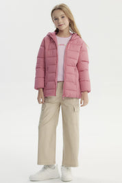 Parka rosa para niña con capucha cierre frontal y bolsillos laterales diseño acolchado sin estampa lisa