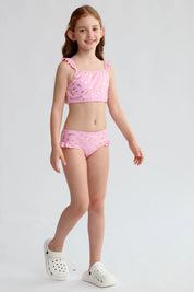Traje de baño bikini niña rosado con estampado dorado de estrellas y volantes en los tirantes