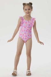 Traje de Baño Niña Con Vuelos Delantero Fucsia