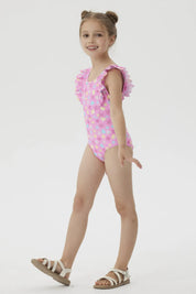Traje de Baño Niña Con Vuelos Delantero Fucsia